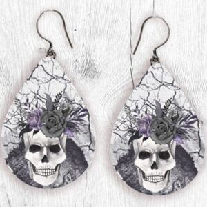 Halloween 1 In. Skull Teardrop Earrings with Floral Design
